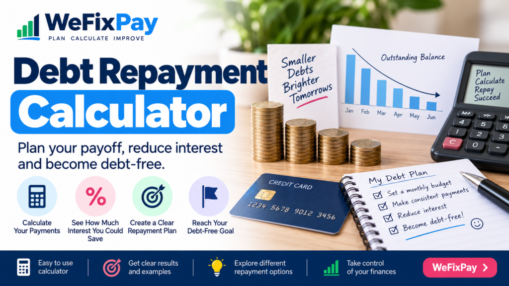 Debt repayment calculator showing monthly payment, interest, debt-free date and extra payment savings