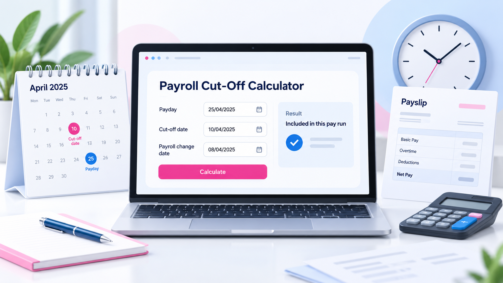 Payroll cut-off calculator showing payday and cut-off dates